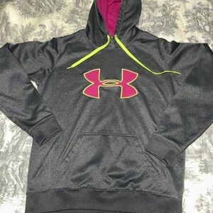 Under Armour Dark Gray Hoodie with Pink Logo and Neon Yellow Accents